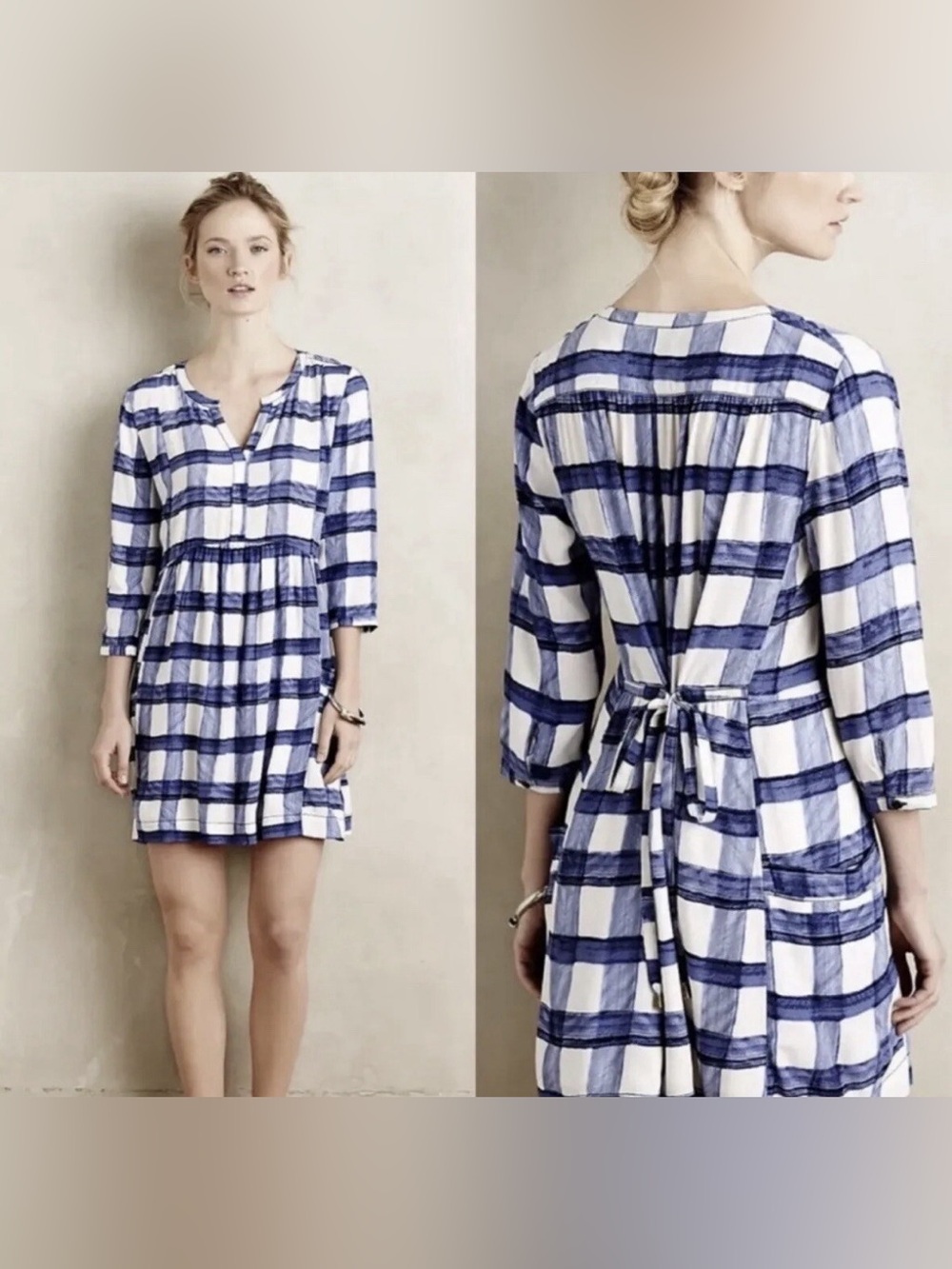 Maeve Anthropologie Devery Plaid Shirtdress Blue White M Pockets Belted